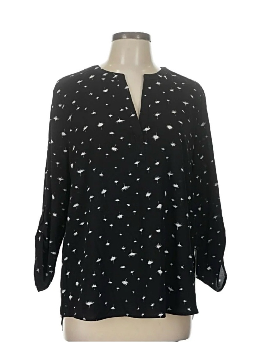 Black Dandelion-Print Split-Neck Blouse